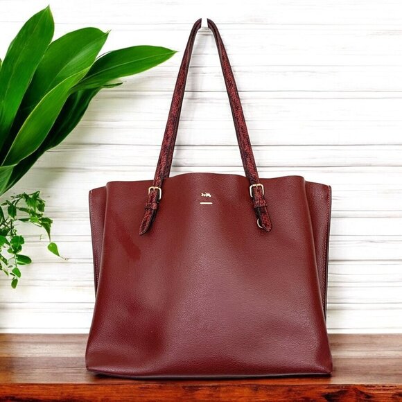 Coach Molly Tote Bag Burgundy Leather/Gold With Snake Print Straps E2278-C6750 - Picture 1 of 14